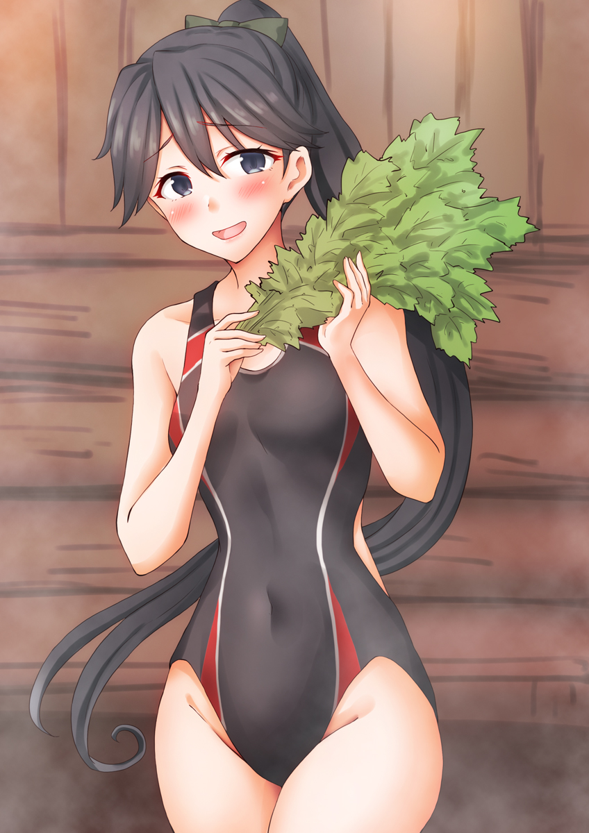 1girl anti_(untea9) black_hair black_one-piece_swimsuit blush breasts competition_swimsuit cowboy_shot highres houshou_(kancolle) indoors kantai_collection leaf long_hair looking_at_viewer one-piece_swimsuit ponytail sauna small_breasts smile solo steam swimsuit vihta