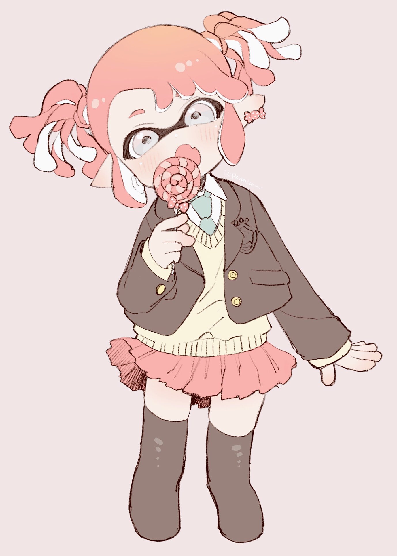 1girl :o amezawa_koma brown_jacket brown_thighhighs candy collared_shirt commentary_request cropped_jacket cropped_legs earrings eating fang food green_necktie grey_eyes head_tilt highres holding holding_candy holding_food holding_lollipop inkling inkling_girl inkling_player_character jacket jewelry lollipop long_sleeves looking_at_viewer miniskirt necktie nintendo open_clothes open_jacket open_mouth pink_background pink_hair pink_skirt pointy_ears school_uniform shirt short_hair short_twintails sidelocks skin_fang skirt solo splatoon_(series) sweater_vest swept_bangs swirl_lollipop tentacle_hair thighhighs twintails white_shirt yellow_sweater_vest