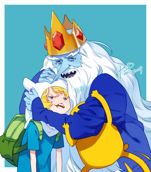 3boys adventure_time artist_name beard blonde_hair blue_skin colored_skin crown dated dog facial_hair finn_the_human gem hood hug ice_king jake jake_the_dog male_focus multiple_boys outside_border psd signature white_hair