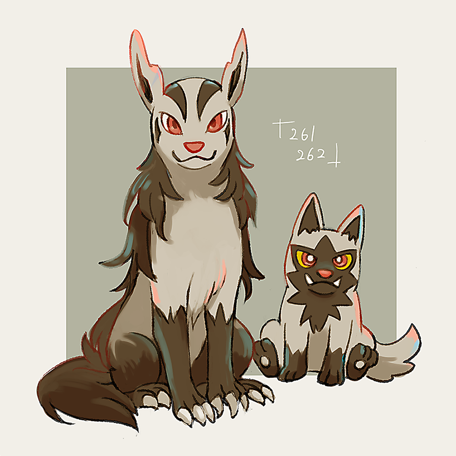 claws closed_mouth commentary_request evolutionary_line fangs fangs_out game_freak gen_3_pokemon looking_at_viewer mightyena nintendo no_humans pokemon pokemon_(creature) poochyena popcorn_91 red_eyes sitting smile