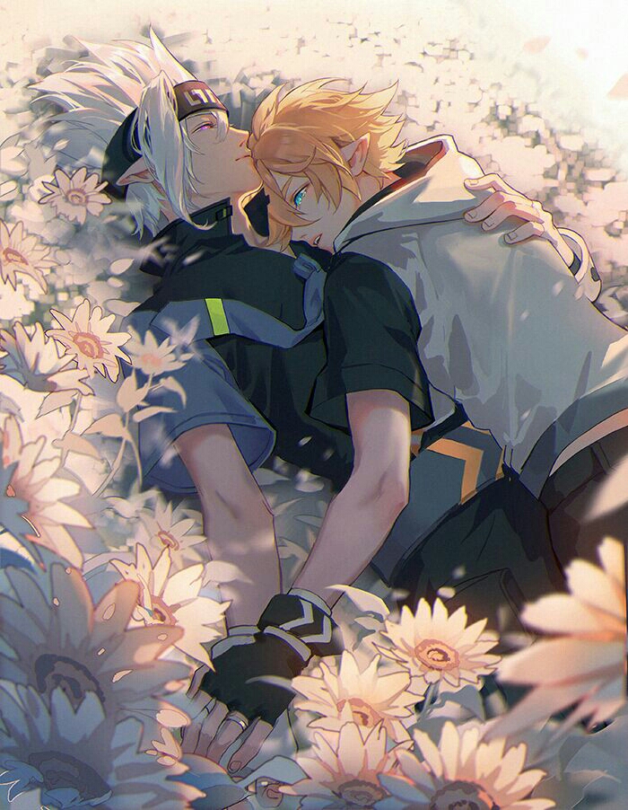 2boys aotu_world black_gloves black_headband black_shirt blonde_hair blue_eyes field fingerless_gloves flower flower_field gloves grey_(aotu_world) hair_between_eyes headband hood hood_down hoodie hug king_(aotu_world) looking_at_another lying male_focus multiple_boys on_back on_ground oten outdoors parted_lips petals pointy_ears purple_eyes shirt short_hair short_sleeves spiked_hair white_hair white_hoodie yaoi