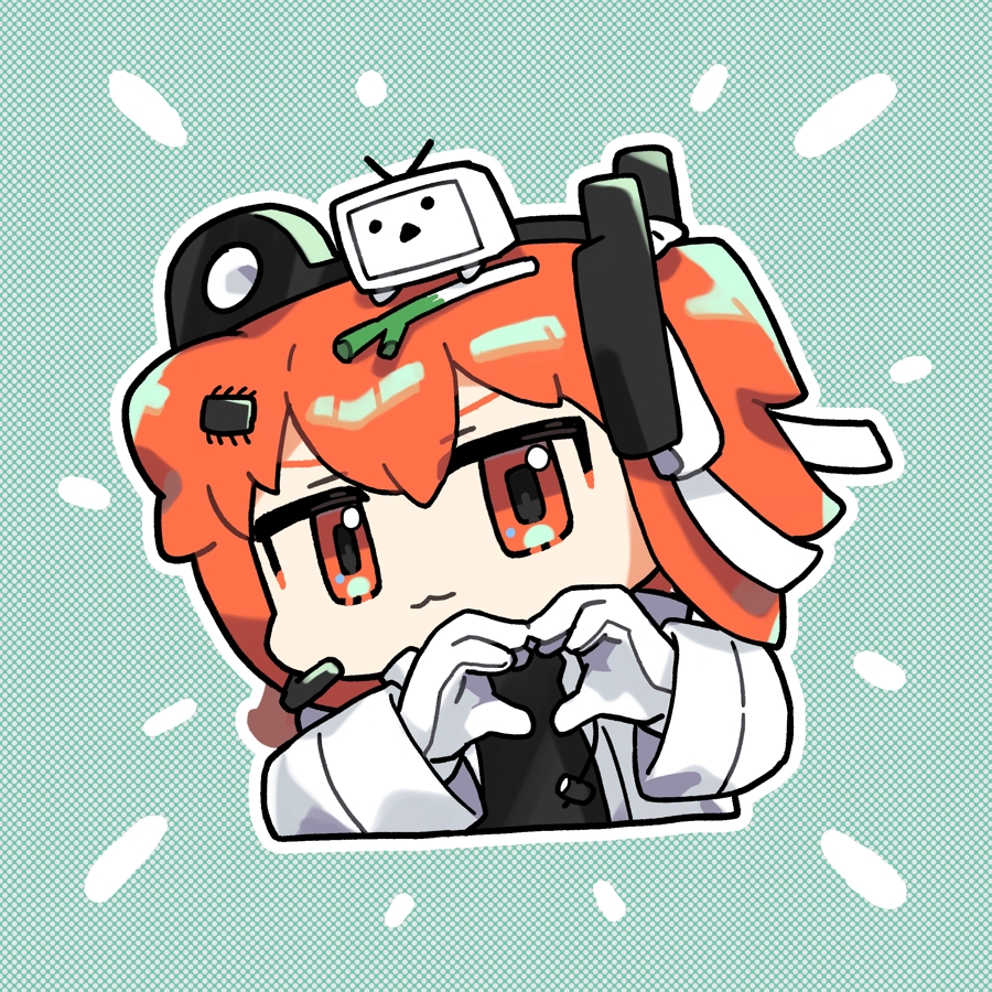 1girl :3 a.i._voice adachi_rei black_shirt chibi closed_mouth commentary_request creature_on_head cropped_torso dotted_background gloves green_background hair_ornament hairclip headlamp headset heart heart_hands jacket looking_at_viewer medium_hair niconico one_side_up open_clothes open_jacket orange_eyes orange_hair outline radio_antenna reakaki ribbon shirt smile solo spring_onion terebi-chan upper_body utau v-shaped_eyebrows white_gloves white_jacket white_outline white_ribbon