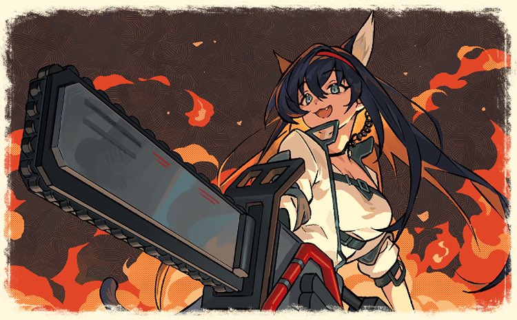1girl :3 :d abstract_background animal_ears arknights black_hair blaze_(arknights) blue_eyes border breasts brown_background cat_ears cat_girl chainsaw commentary earpiece english_commentary fading_border fang favilia fire foreshortening from_below hairband holding holding_chainsaw huge_weapon inset_border jacket long_hair looking_to_the_side medium_breasts open_clothes open_jacket open_mouth red_hairband smile solo three_quarter_view weapon white_jacket