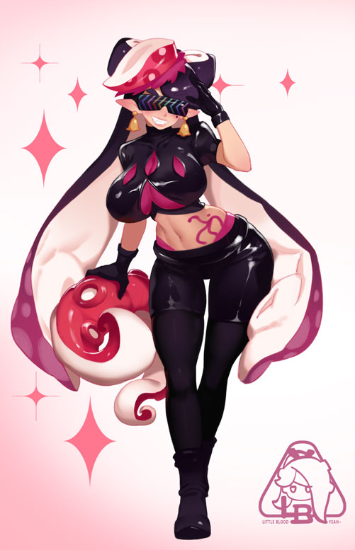 ankle_boots artist_logo black_gloves black_hair black_shirt black_shorts boots bow bow-shaped_hair breasts callie_(octo_idol_outfit)_(splatoon) callie_(splatoon) cowlick crop_top earrings fangs fish_(food) food food_on_head full_body gloves gold_earrings gradient_hair hat hypnoshades_(splatoon) jewelry large_breasts leaning_on_object leather little123blood logo long_hair long_pointy_ears midriff mole mole_under_eye multicolored_hair navel nintendo object_on_head octopus_sashimi octopus_sausage_earrings official_alternate_costume padded_shoulders pale_skin panties panty_straps pantyhose pink_panties pink_tattoo pointy_ears red_hat red_leaf red_shiso_leaf salute sashimi shiny_clothes shirt shoes short_shorts short_sleeves shorts smile splatoon_(series) splatoon_2 spotted_hair standing stomach_tattoo suction_cups sunglasses swept_bangs tattoo tentacle_hair thick_eyebrows twintails two-tone_hair underwear very_long_hair wide_hips