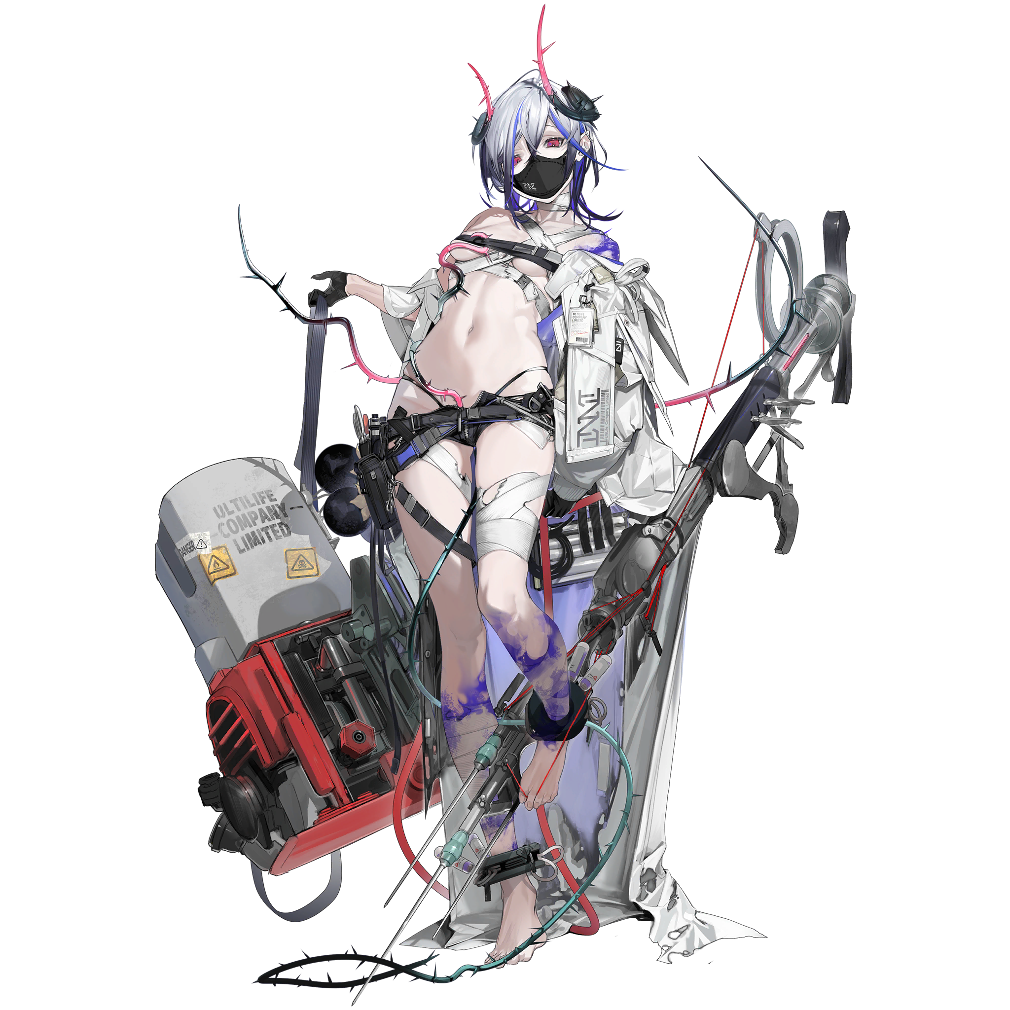 1girl albino artist_request bandaged_leg bandages barefoot belladonna_(neural_cloud) black_gloves blue_hair breasts chest_belt cuffs full_body game_cg girls'_frontline girls'_frontline_neural_cloud gloves highres horns lab_coat looking_at_viewer mask midriff mouth_mask navel needle off_shoulder official_art shackles short_shorts shorts small_breasts solo standing third-party_source thorns transparent_background white_hair