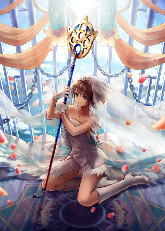 1girl alternate_hairstyle bare_shoulders blue_eyes boots brown_hair chain collarbone dress expressionless female_focus final_fantasy final_fantasy_x flower full_body green_eyes heterochromia holding holding_staff jewelry knee_boots kneeling looking_at_viewer necklace official_alternate_costume petals pink_flower pink_rose rose rose_petals sasanomesi short_hair solo staff strapless strapless_dress valefor veil wedding_dress white_boots white_dress yuna