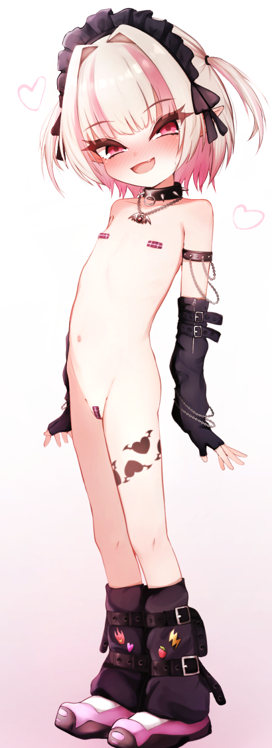 1girl :d bandaid bandaid_on_pussy bandaids_on_nipples black_collar black_gloves blush collar commentary_request elbow_gloves fang flat_chest full_body gloves grey_hair hair_intakes heart highres huucha_(cpaf5377) jewelry leg_warmers loli looking_at_viewer makaino_ririmu multicolored_hair navel necklace nijisanji nose_blush nude open_mouth pasties pink_hair pink_shoes pointy_ears red_eyes shoes short_hair skin_fang smile sneakers solo spiked_collar spikes standing two-tone_hair two_side_up variant_set virtual_youtuber