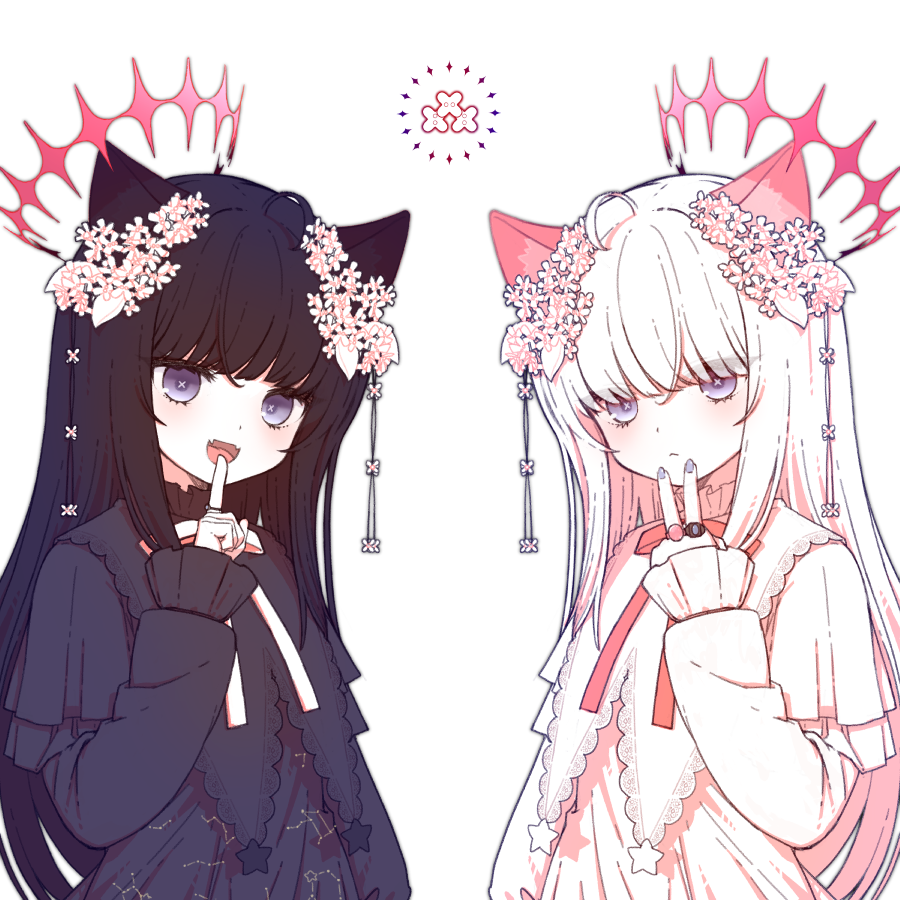 2girls :&lt; :d ahoge animal_ears black_dress black_hair black_vs_white cat_ears cat_girl commentary constellation constellation_print cowlick dress el_elys expressionless fangs flower gemini_(constellation) hair_flower hair_ornament halo index_finger_raised jewelry leo_(constellation) leo_minor_(constellation) long_sleeves looking_at_viewer multiple_girls multiple_rings neck_ribbon open_mouth original pink_halo pink_ribbon purple_eyes purple_nails ribbon ring simple_background skin_fangs smile star_(symbol) symbol-only_commentary symbol-shaped_pupils upper_body v white_background white_dress white_hair white_ribbon x-shaped_pupils