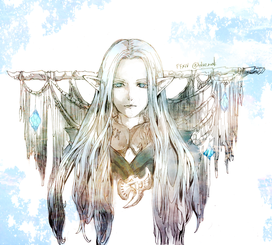1girl abstract_background banner blue_coat clasp cleavage_cutout closed_mouth clothing_cutout coat cropped_shoulders elezen elf final_fantasy final_fantasy_xiv gradient_hair grey_eyes grey_hair grey_lips high_collar ice_crystal limited_palette lips long_hair looking_at_viewer multicolored_hair pointy_ears portrait ruka_(blueplus84) simple_background solo straight-on torn_cloth ysayle_dangoulain