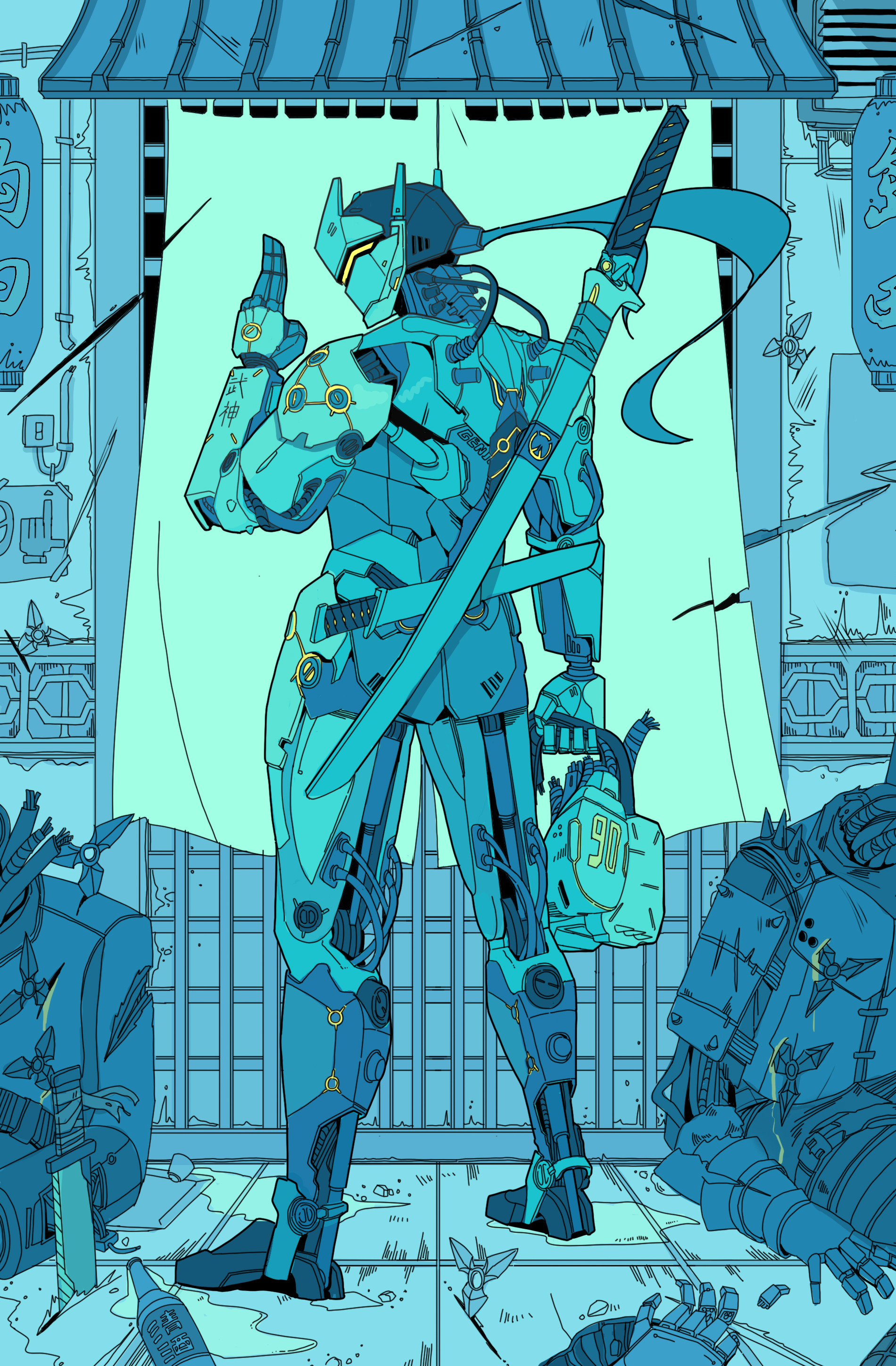 1boy absurdres beer_bottle blue_theme bullet_hole cable curtains from_behind full_body genji_(overwatch) hand_up highres holding_detached_head humanoid_robot iwse_zhang katana knife kuji-in lantern long_hair male_focus monochrome overwatch paper_lantern planted planted_knife planted_weapon ponytail profile puddle robot sheath sheathed shuriken solo standing sword weapon weapon_on_back