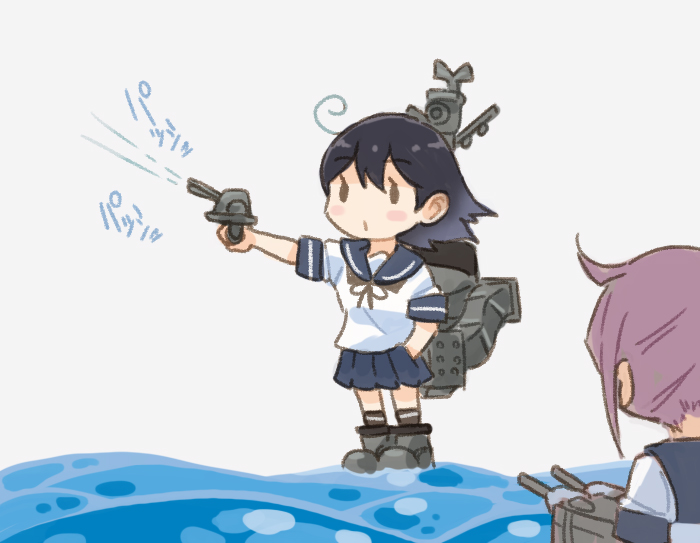 2024_summer_olympics 2girls adapted_turret ahoge akebono_(kancolle) black_hair blue_sailor_collar blue_skirt cannon check_commentary commentary_request grey_background hand_in_pocket kantai_collection long_hair machinery mast multiple_girls olympics parody pleated_skirt saiguchi_otoufu sailor_collar school_uniform serafuku ship_turret shirt short_sleeves simple_background skirt smokestack solid_oval_eyes solo_focus standing ushio_(kancolle) ventilation_shaft water water_gun white_shirt yusuf_dikec yusuf_dikec_(meme)