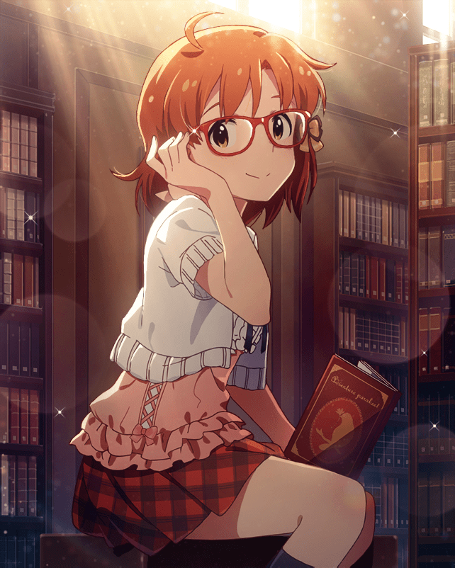 1girl book bookcase card_(medium) glasses idolmaster idolmaster_million_live! idolmaster_million_live!_theater_days jacket official_art orange_eyes orange_hair skirt smile solo sunlight yabuki_kana