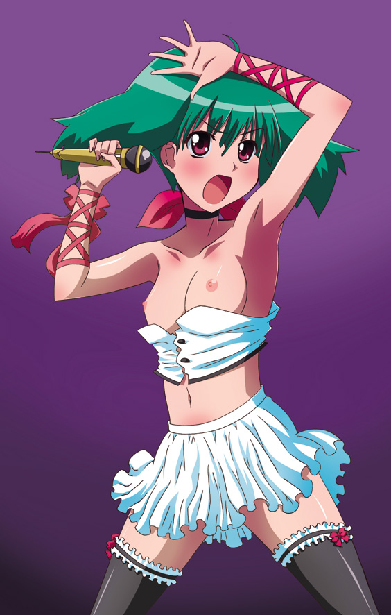 00s 1girl breasts female_focus green_hair macross macross_frontier medium_breasts microphone music nipples paopa_ship ranka_lee red_eyes ribbon short_hair singing skirt solo thighhighs wardrobe_malfunction