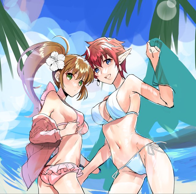2girls ass bikini blue_eyes breasts brown_hair butt_crack chisato_madison cleavage closed_mouth earrings flower hair_flower hair_ornament jewelry large_breasts long_hair looking_at_viewer medium_breasts multiple_girls navel open_mouth pointy_ears precis_neumann red_hair short_hair smile star_ocean star_ocean_the_second_story swimsuit ycco_(estrella)