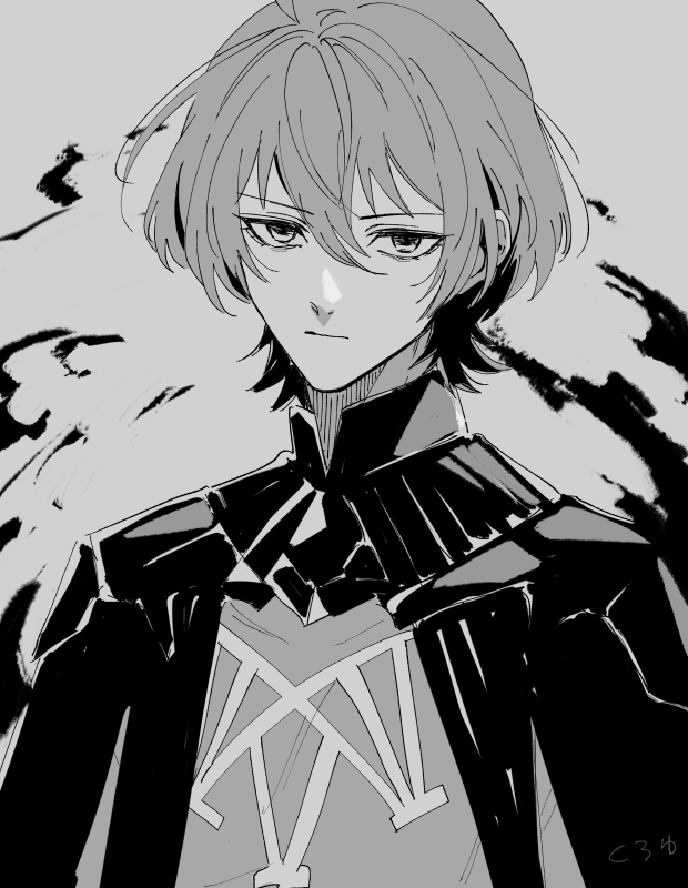 1boy armor male_byleth_(fire_emblem) cape closed_mouth commentary expressionless fire_emblem fire_emblem:_three_houses gorget grey_background greyscale hair_behind_ear hair_between_eyes kuroyu66 looking_at_viewer male_focus monochrome nintendo short_hair simple_background solo upper_body wolf_cut