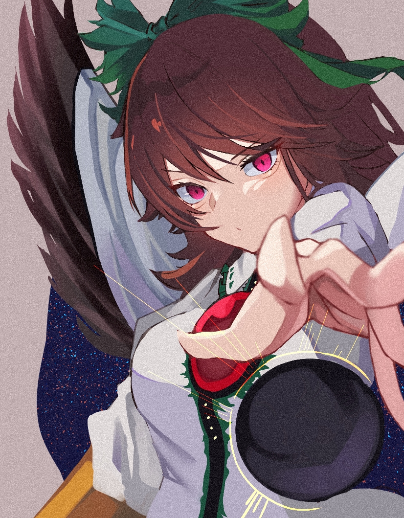 1girl :/ bird_wings blue_cape bow breasts brown_hair cape closed_mouth energy_ball film_grain foreshortening green_bow grey_background hair_between_eyes hair_bow heavy_film_grain long_hair looking_at_viewer medium_breasts nari_(bikkii) pink_eyes puffy_short_sleeves puffy_sleeves radiation reaching reaching_towards_viewer reiuji_utsuho shirt short_sleeves simple_background solo third_eye touhou upper_body white_cape white_shirt wings