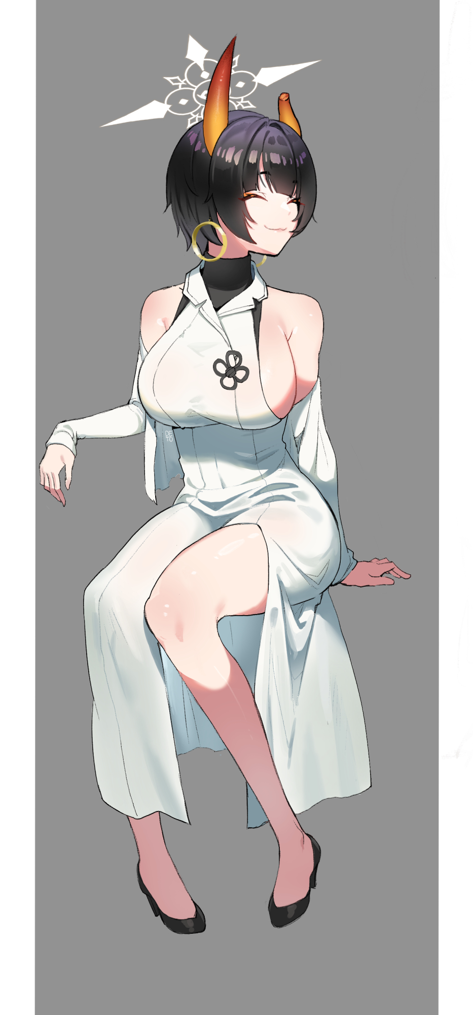 1girl alternate_costume black_hair blue_archive blush breasts broken_horn closed_eyes closed_mouth detached_sleeves dongtan_dress dress earrings full_body guamon halo high_heels highres hoop_earrings horns jewelry large_breasts long_sleeves meme_attire niya_(blue_archive) short_hair sitting smile solo white_dress