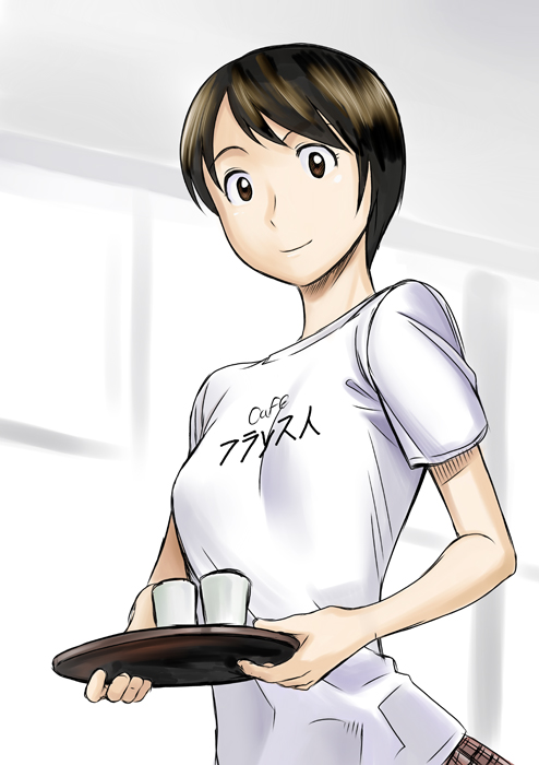 1girl anzo_tei black_eyes black_hair clothes_writing cup female_focus hiwatari indoors looking_at_viewer shimau shirt short_hair smile solo t-shirt translated tray yotsubato!