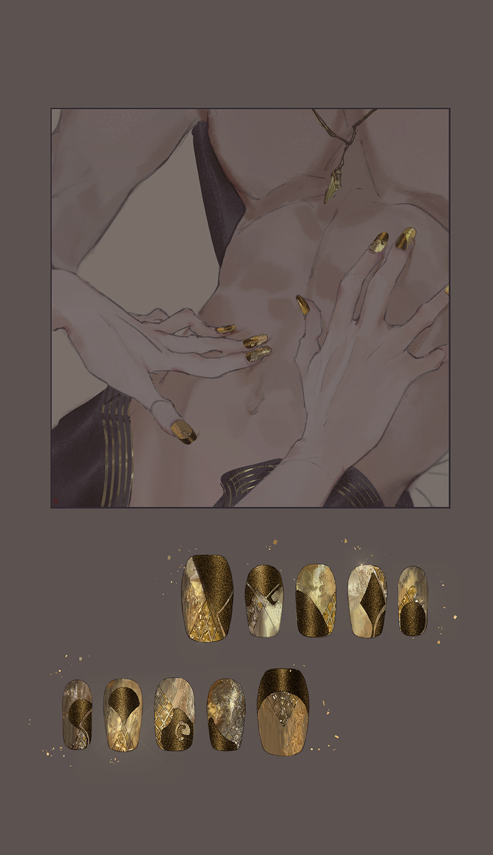 1boy 1girl bei_luo_(gujian_qitan) brown_background brown_theme chinese_commentary close-up commentary_request fake_nails gold_nails gold_necklace gujian_qitan_(series) gujian_qitan_3 hand_on_another&#039;s_stomach hetero highres ibuki_satsuki jewelry muted_color nail_art nail_ornament navel necklace pectorals simple_background spot_color topless_male yun_wuyue_(gujian_qitan)