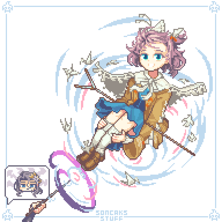2girls blue_eyes blue_skirt blue_vest bow brown_hair brown_jacket brown_shoes cape floating floating_hair flutterpage full_body grin hair_bow holding holding_wand hugging_own_legs inset_border jacket knees_to_chest looking_at_viewer medium_skirt multiple_girls pixel_art reverse:1999 rod shoes short_hair simple_bird skirt smile socks solo_focus soncak speech_bubble spoken_character vest wand white_background white_bow white_cape white_socks willow_(reverse:1999)