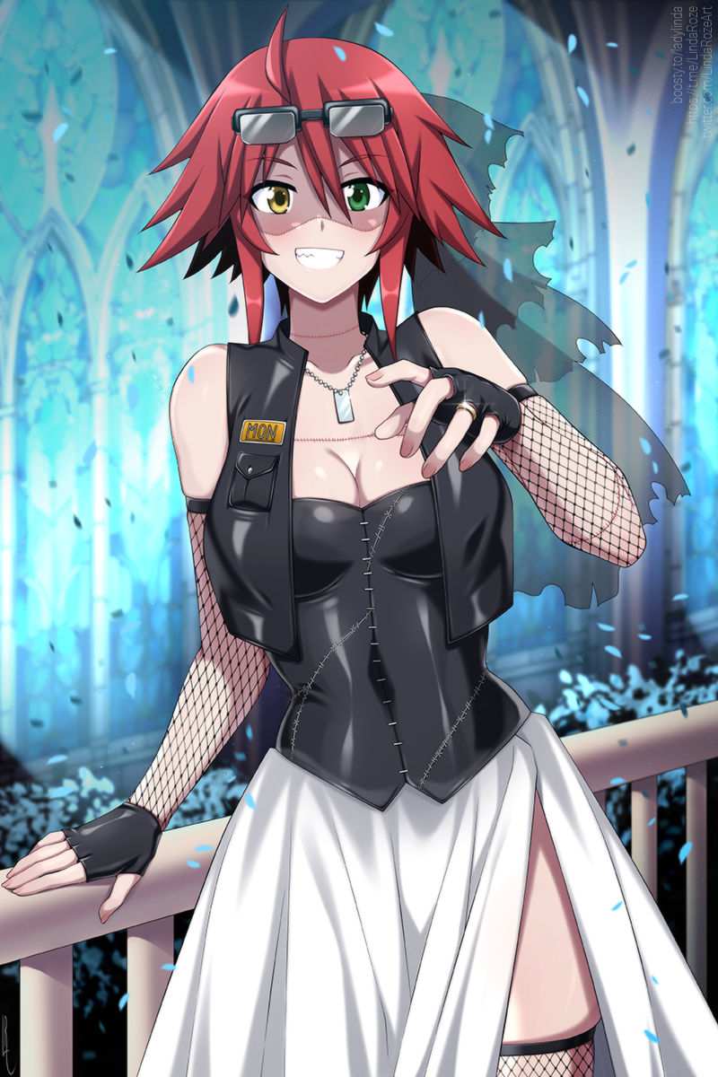 1girl black_gloves black_shirt black_vest blush breasts church cleavage commentary cowboy_shot dog_tags english_commentary eyewear_on_head fingerless_gloves fishnet_gloves fishnet_thighhighs fishnets gloves green_eyes grin hair_between_eyes heterochromia highres indoors jewelry large_breasts lindaroze looking_at_viewer marriage_proposal monster_musume_no_iru_nichijou open_clothes open_mouth open_vest paid_reward_available patchwork_skin red_hair ring shirt short_hair skirt smile solo stitches strapless strapless_shirt sunglasses thighhighs tomboy vest white_skirt yellow_eyes zombina_(monster_musume)