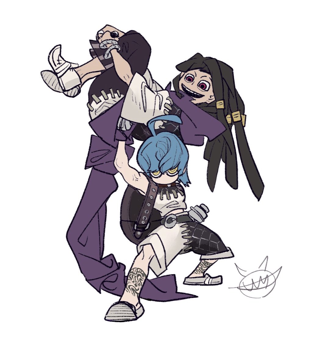 1boy 1girl ahoge backpack bag blue_hair brown_hair coat dreadlocks gachiakuta hugging_own_legs jabber_wongar kutohni_(gachiakuta) leg_tattoo long_hair looking_afar official_art open_mouth patchwork_clothes purple_coat red_eyes short_hair simple_background smile tattoo urana_kei white_background yellow_eyes