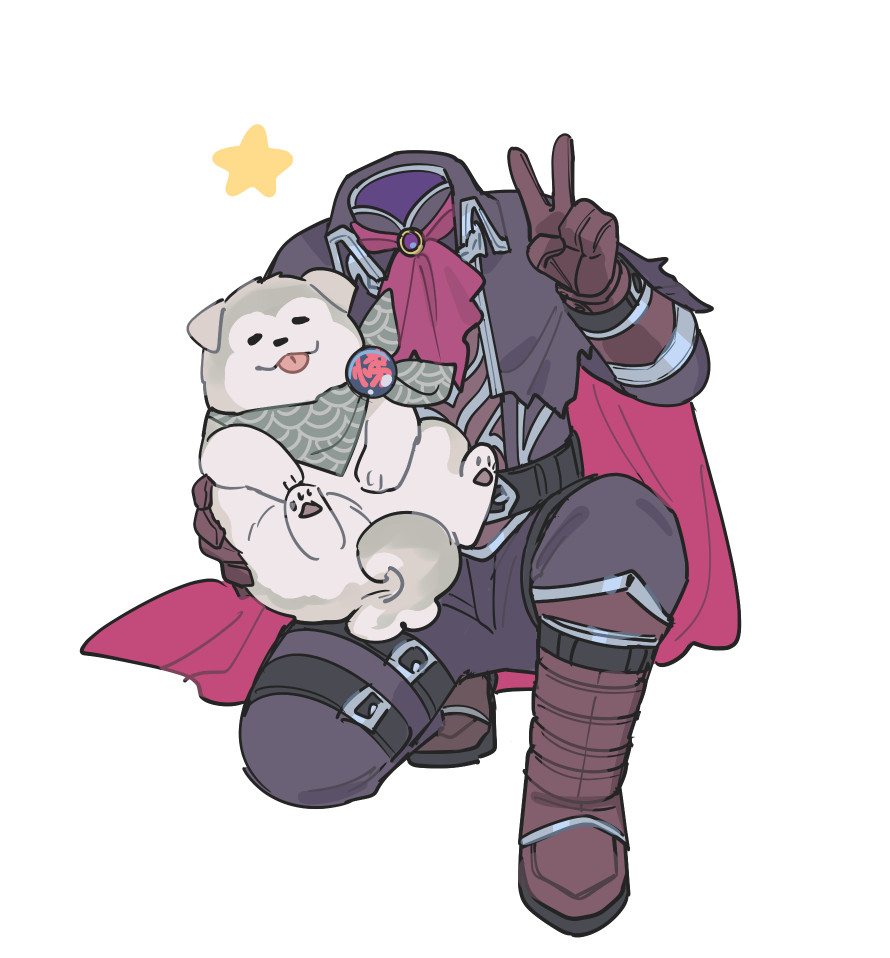 1boy ascot belt black_belt black_cloak brown_footwear brown_gloves cape cloak dog fate/grand_order fate_(series) gloves headless hessian_(fate) husky kobungo_(fate) neckerchief oneroom-disco red_ascot red_cape star_(symbol) thigh_belt thigh_strap tongue tongue_out v white_background