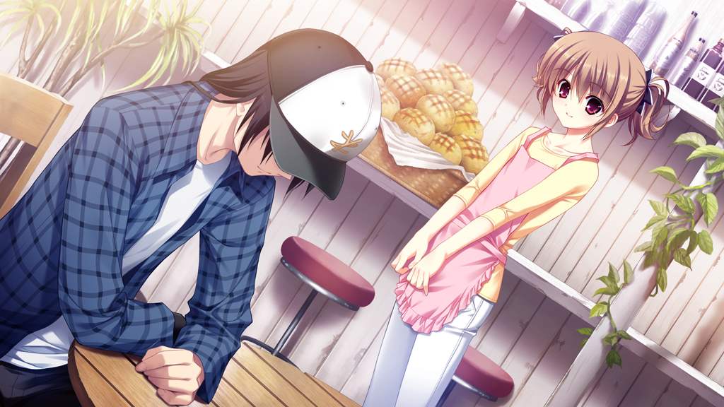 1boy 1girl aged_up apron bar_stool baseball_cap basket black_bow black_hair black_hat black_pants blue_shirt bow bread brown_hair closed_mouth collarbone collared_shirt covered_eyes dutch_angle feet_out_of_frame food frilled_apron frills fumio_(ura_fmo) game_cg grisaia_(series) grisaia_no_kajitsu hair_bow hat indoors irisu_makina kazami_yuuji loaf_of_bread long_hair looking_at_another non-web_source on_chair open_clothes open_shirt pants pink_apron plaid_clothes plaid_shirt plant red_eyes shelf shirt short_hair short_twintails sitting smile spoilers standing stool t-shirt table three-quarter_sleeves twintails variant_set vines white_pants white_shirt wooden_chair wooden_floor wooden_table wooden_wall
