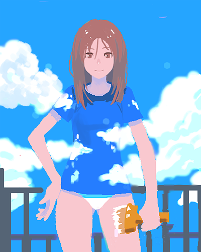 1girl bad_id bad_pixiv_id blending blue_sky brown_eyes brown_hair camouflage cloud day facing_viewer female_focus hand_on_own_hip ladic light_smile long_hair looking_at_viewer lowres no_lineart no_pants oekaki original outdoors paintbrush panties railing shirt sky solo t-shirt underwear white_paint white_panties