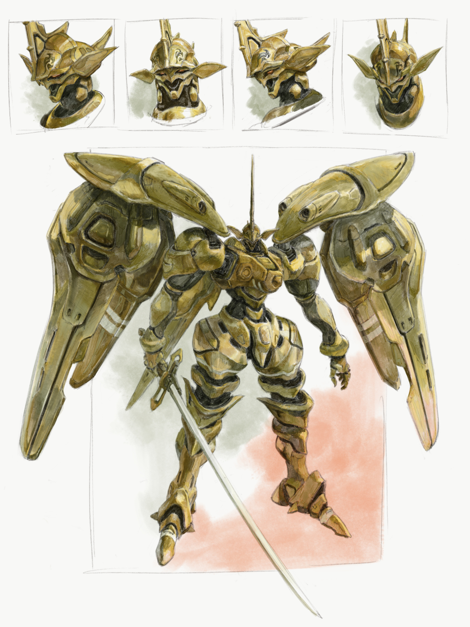 armor border character_request commentary_request gold_armor highres holding holding_sword holding_weapon kosibahara mecha multiple_expressions red_eyes robot standing sword weapon white_border wings xenogears