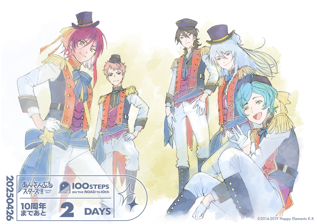 5boys :d ahoge arm_at_side arm_between_legs asymmetrical_hair black_boots black_hair black_hat black_shirt blue_bow blue_bowtie blue_hair blue_jacket blue_ribbon blue_sash boots bow bowtie braid braided_sidelock buttons closed_mouth colored_inner_hair contrapposto copyright_name copyright_notice countdown cropped_legs dated double-breasted double-parted_bangs eccentric_five_(ensemble_stars!) ensemble_stars! epaulettes floating_hair foot_up fringe_trim from_below from_side gloves green_eyes grey_hair hair_between_eyes hair_bun half_gloves hand_on_own_hip hand_up hat hat_ribbon hibiki_wataru honda_takeshi itsuki_shu jacket knee_boots knees_up long_hair long_sleeves looking_at_viewer looking_down looking_to_the_side male_focus mandarin_collar mini_hat mini_top_hat multicolored_hair multicolored_jacket multiple_boys neck_ribbon official_art open_clothes open_collar open_jacket open_mouth orange_eyes orange_jacket orange_ribbon pants parted_bangs pink_hair purple_eyes purple_vest red_eyes red_hair ribbon sakasaki_natsume sakuma_rei_(ensemble_stars!) sash shinkai_kanata shirt short_hair shoulder_sash sidelocks single_side_bun sitting smile standing star_(symbol) tilted_headwear top_hat turning_head two-tone_jacket undone_neck_ribbon v-shaped_eyebrows vest waist_sash waving white_background white_gloves white_hair white_pants white_sleeves yellow_background yellow_sash yellow_trim