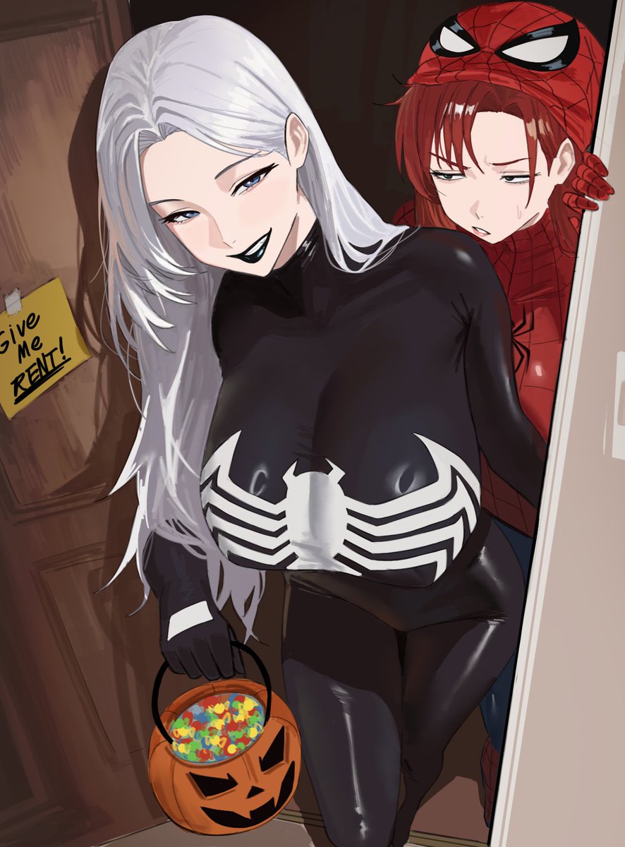 2girls black_lips blue_eyes breasts candy commentary english_commentary english_text food from_above hair_behind_ear halloween_bucket halloween_costume highres large_breasts long_hair marvel mask_up mugi_(mugit49) multiple_girls open_door skin_tight smile spider-man spider-man_(series) sticky_note tape venom_(marvel) white_hair