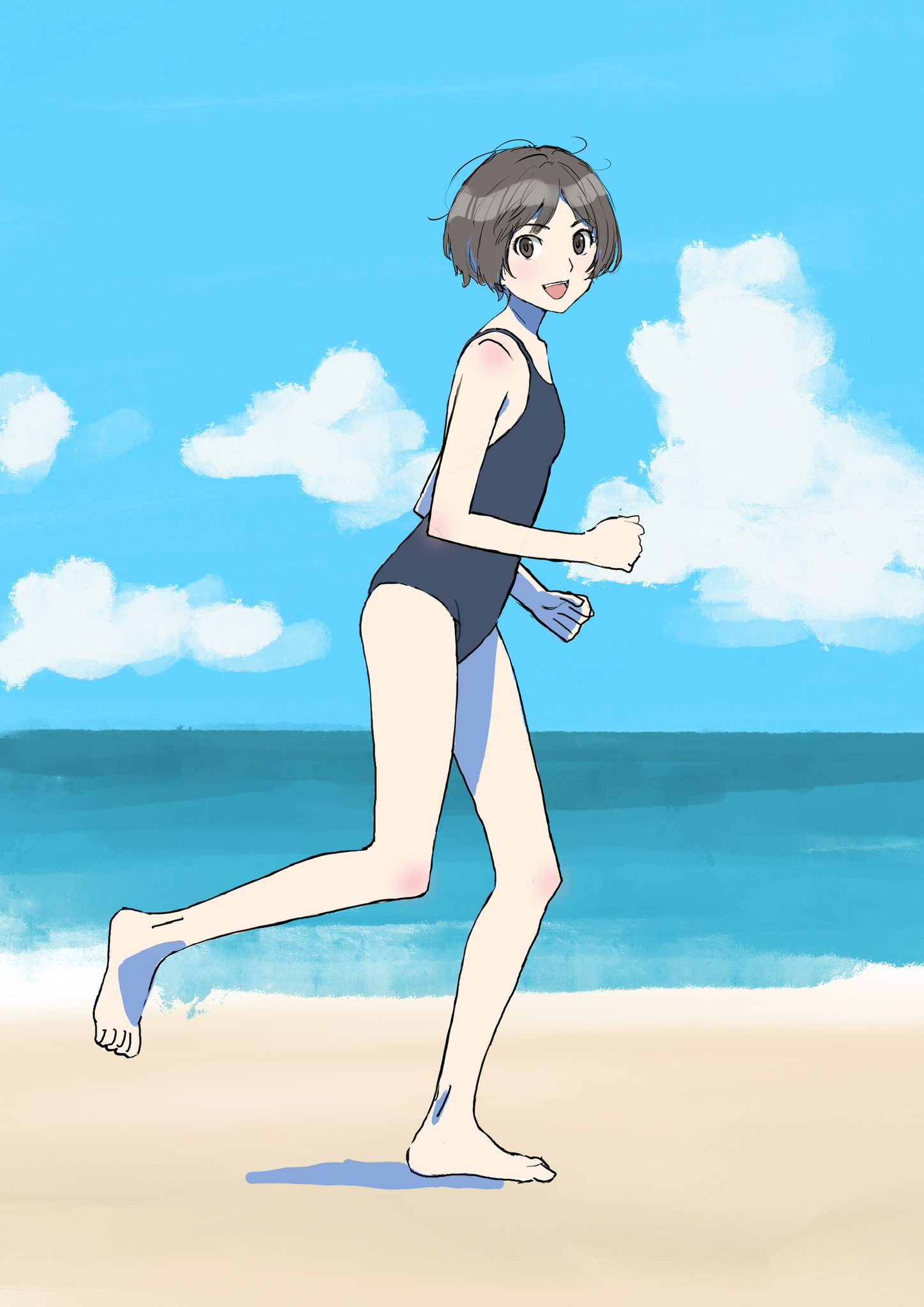 1girl :d amagami bare_shoulders barefoot beach blue_one-piece_swimsuit blue_sky breasts brown_eyes brown_hair clenched_hands day foot_up from_side full_body hands_up highres horizon looking_at_viewer looking_to_the_side loose_hair_strand messy_hair new_school_swimsuit ocean one-piece_swimsuit open_mouth outdoors running sand school_swimsuit short_hair sky small_breasts smile solo swimsuit tachibana_miya teeth toes upper_teeth_only warder2013