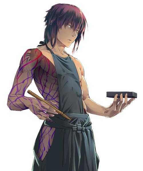 1boy bare_shoulders calligraphy_brush clothing_cutout dark-skinned_male dark_skin hakama hakama_pants holding holding_calligraphy_brush holding_paintbrush inkstone japanese_clothes kyousai leuco male_focus nurarihyon_no_mago paintbrush pants purple_hair simple_background solo standing thigh_cutout upper_body white_background