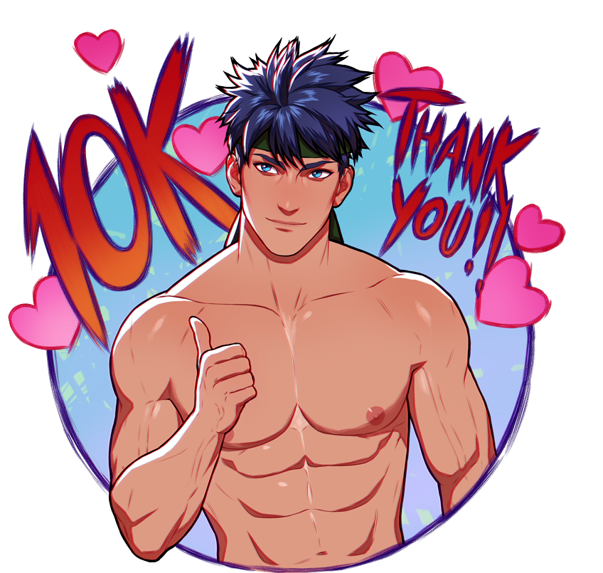 1boy abs bara blue_eyes blue_hair commentary english_commentary fire_emblem fire_emblem:_radiant_dawn fox_bravo green_headband headband heart ike_(fire_emblem) male_focus nintendo nipples pectorals short_hair solo thumbs_up toned toned_male upper_body veins veiny_arms