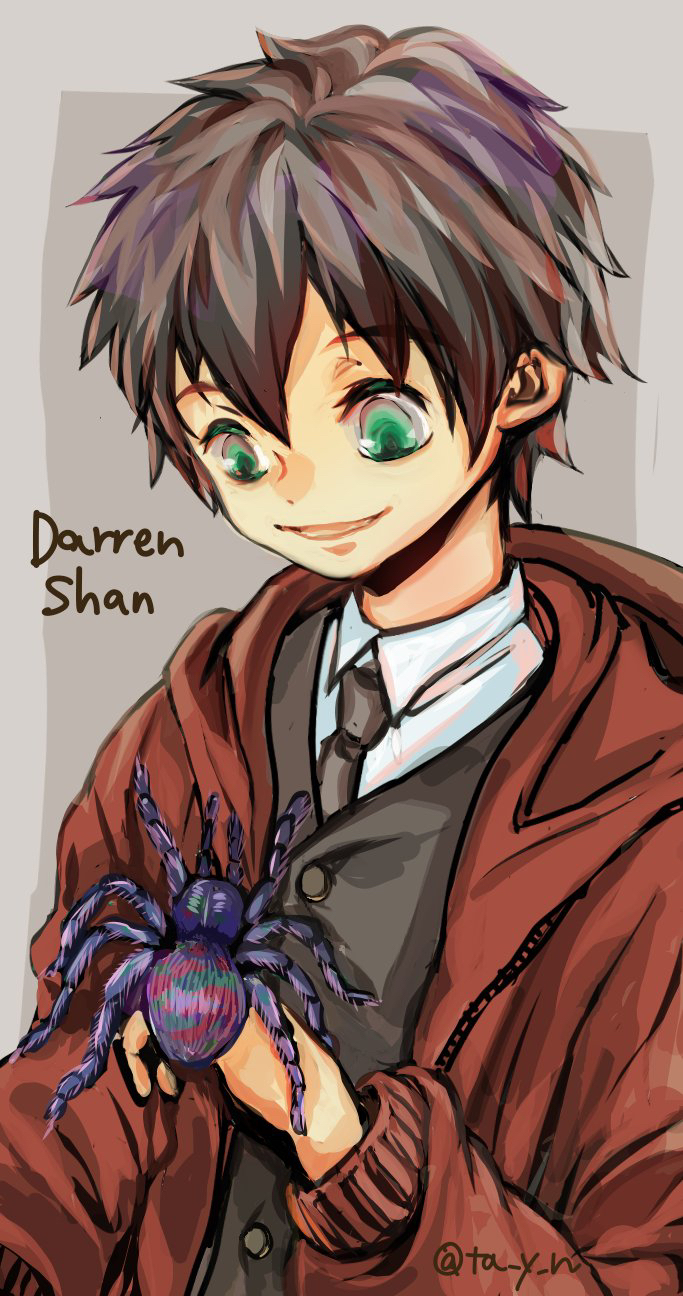 1boy bad_id bad_pixiv_id black_hair bug darren_shan green_eyes highres jacket madam_octa necktie red_jacket short_hair smile spider the_saga_of_darren_shan