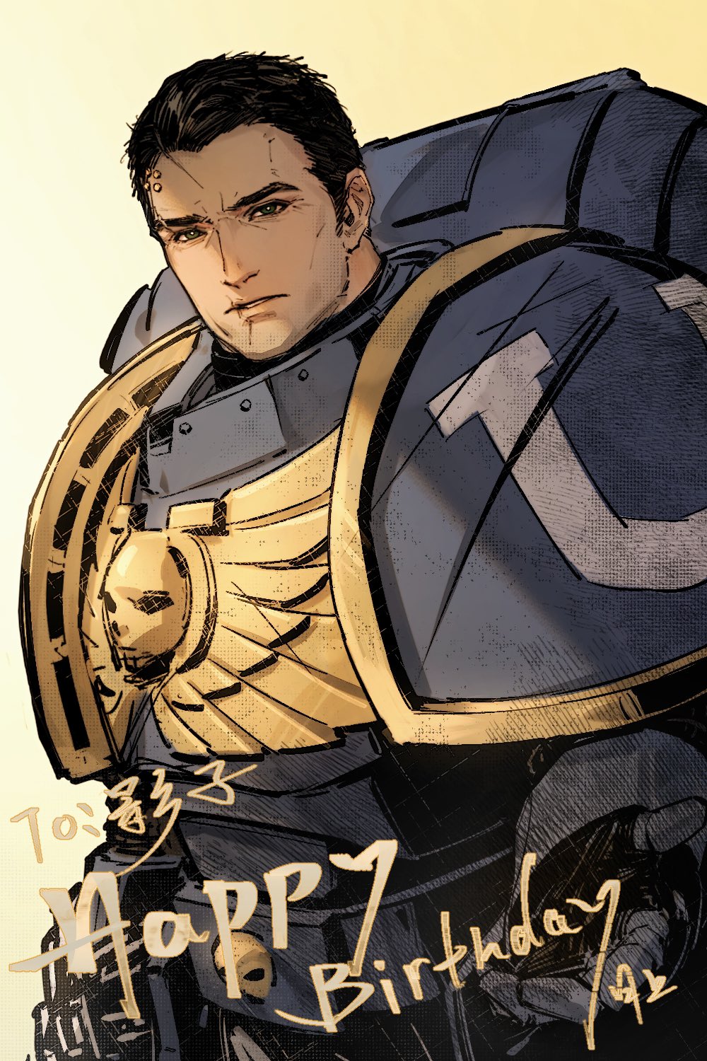 1boy adeptus_astartes armor black_hair blue_armor captain_titus cheekbones chinese_commentary commentary_request commission gold_trim goldriver green_eyes happy_birthday highres male_focus no_headwear pauldrons power_armor reaching reaching_towards_viewer scar scar_on_face scar_on_forehead scar_on_lip shaded_face short_hair shoulder_armor skull_ornament solo translation_request ultramarines warhammer_40k