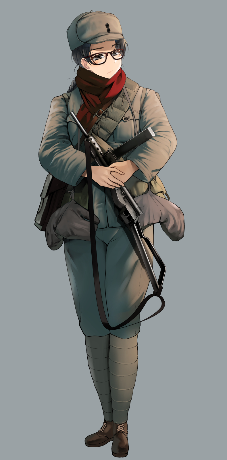 1girl black_hair blue_background brown_eyes expressionless glasses grey_headwear grey_jacket grey_pants gun highres jacket looking_to_the_side military_combat_uniform military_uniform original pants people&#039;s_liberation_army ponytail red-framed_eyewear red_scarf samazuka_mashiro scarf solo sten_gun submachine_gun weapon