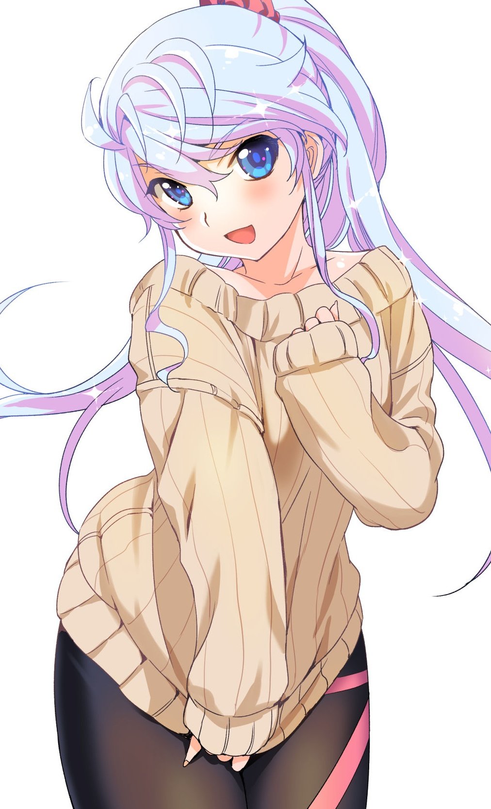 1girl black_pantyhose blue_eyes blush boku_no_kanojo_wa_sasuga_desu. commentary_request dress highres inoue_sora leg_ribbon long_hair long_sleeves looking_at_viewer open_mouth pantyhose ponytail ribbon sasuga_ayame sleeves_past_wrists smile solo sweater sweater_dress white_hair