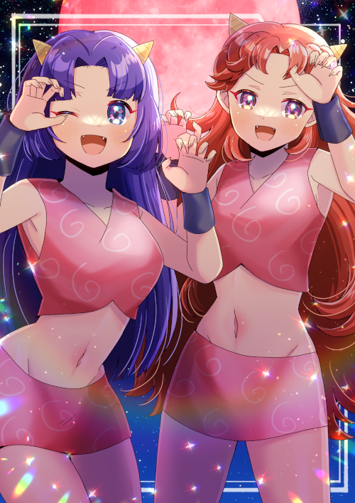 2girls :d ;d bare_shoulders blue_eyes breasts brown_hair claw_pose collarbone commentary_request commission fangs full_moon groin horns kou_hiyoyo long_hair looking_at_viewer moon multiple_girls navel night night_sky one_eye_closed open_mouth parted_bangs pink_skirt purple_eyes purple_hair rakudai_ninja_rantarou red_moon skeb_commission skirt sky small_breasts smile star_(sky) starry_sky stomach tomomi_(rakudai_ninja_rantarou) v-shaped_eyebrows very_long_hair yuki_(rakudai_ninja_rantarou)
