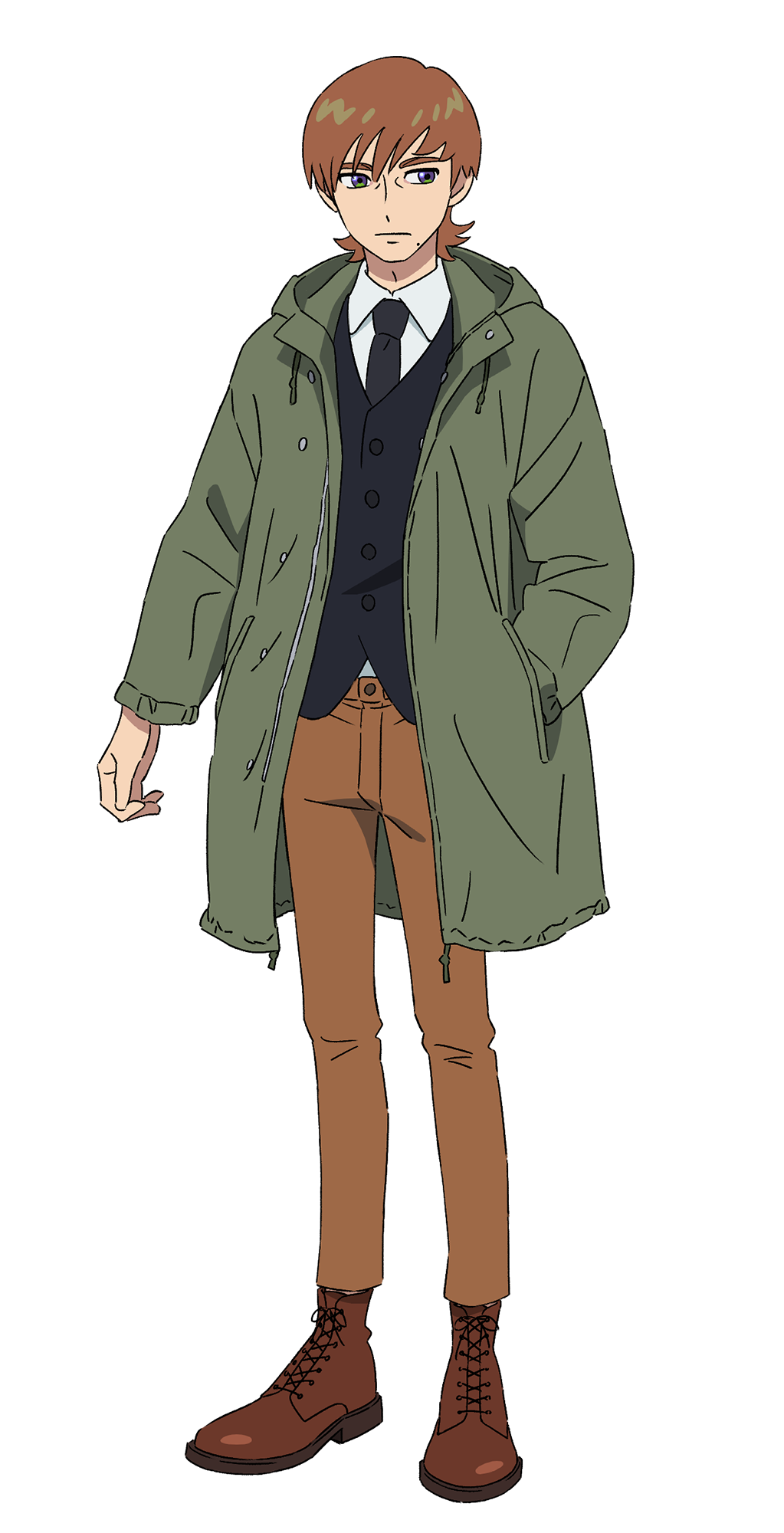 1boy black_necktie black_vest boots brown_boots brown_hair brown_pants coat collared_shirt full_body green_coat green_eyes gundam gundam_gquuuuuux hands_in_pockets highres hood hood_down looking_at_viewer male_focus necktie official_art open_clothes open_coat pants parka shirt short_hair simple_background solo standing transparent_background vest white_shirt xavier_olivette