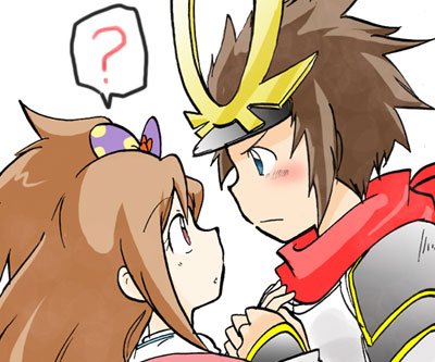 armor blue_eyes blush brown_eyes brown_hair creatures_(company) game_freak hair_ribbon hero_(pokemon_conquest) holding_hands japanese_clothes looking_at_another nintendo oichi oichi_(pokemon_conquest) oichi_(sengoku_musou) pokemon pokemon_conquest ? ribbon scarf sengoku_musou