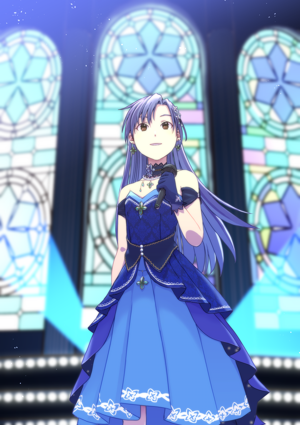 1girl blue_choker blue_dress blue_gloves blue_hair brown_eyes choker concert dress earrings flat_chest gloves hair_ornament highres holding holding_microphone idolmaster idolmaster_(classic) idolmaster_million_live! idolmaster_million_live!_theater_days jewelry kisaragi_chihaya kisaragi_chihaya_(brilliant_diva) long_hair looking_ahead microphone miyauchi_yuusuke necklace solo stage_lights stained_glass standing strapless strapless_dress