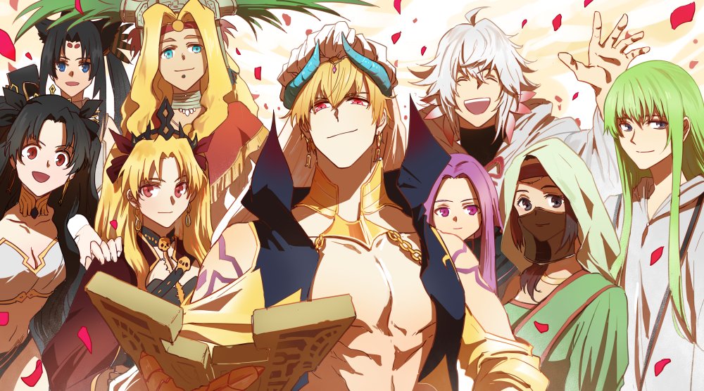 3boys 6+girls black_hair blonde_hair blue_eyes blue_vest breasts brown_eyes brown_hair cape cleavage commentary_request earrings enkidu_(fate) ereshkigal_(fate) fate/grand_order fate_(series) gilgamesh gilgamesh_(caster)_(fate) gilgamesh_(fate) green_hair hand_on_another&#039;s_shoulder hat headband headdress headscarf holding holding_stone_tablet ishtar_(fate) jewelry kingu_(fate) medium_breasts medusa_(fate) medusa_(lancer)_(fate) merlin_(fate) multiple_boys multiple_girls open_mouth purple_eyes purple_hair quetzalcoatl_(fate) red_cape red_eyes red_headband rider robe shiba44469 shoulder_tattoo siduri_(fate) smile stone_tablet tattoo tiara two_side_up ushiwakamaru_(fate) vest white_hair white_hat white_robe