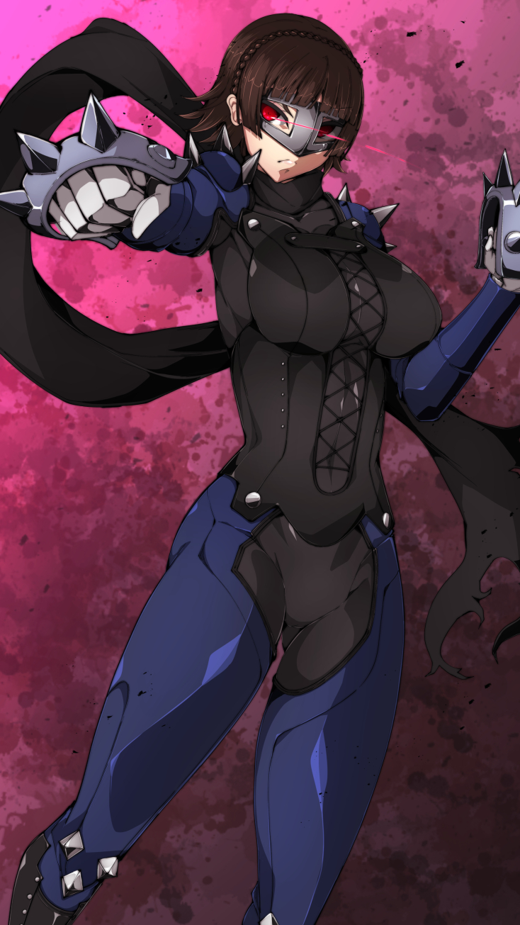 biker_clothes bikesuit black_scarf blue_bodysuit bodysuit braid brass_knuckles breasts byakkun_(byakkun8181) crown_braid eye_trail grey_mask highres knee_spikes large_breasts light_trail long_scarf niijima_makoto persona persona_5 queen_(persona_5) scarf shoulder_spikes spiked_knuckles spikes steel_mask weapon