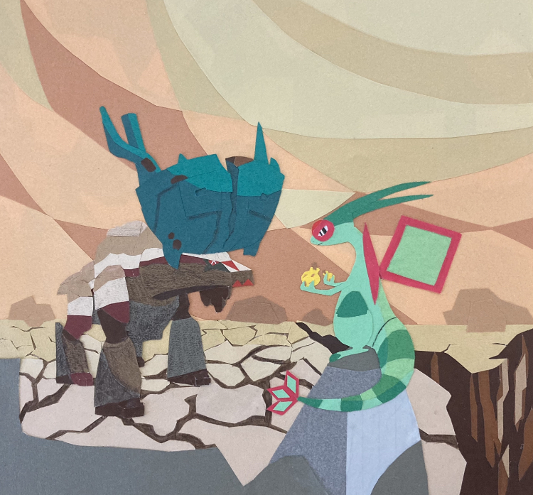 animal_focus antlers berry_(pokemon) closed_mouth commentary_request crack flygon food fruit gen_3_pokemon holding holding_food holding_fruit horns nintendo no_humans on_rock paper_cutout_(medium) papercraft_(medium) pokemon pokemon_(creature) pokemon_focus rock sitrus_berry striped_tail tail ting-lu_(pokemon) tori_chiritsu unconventional_media v-shaped_eyes wings