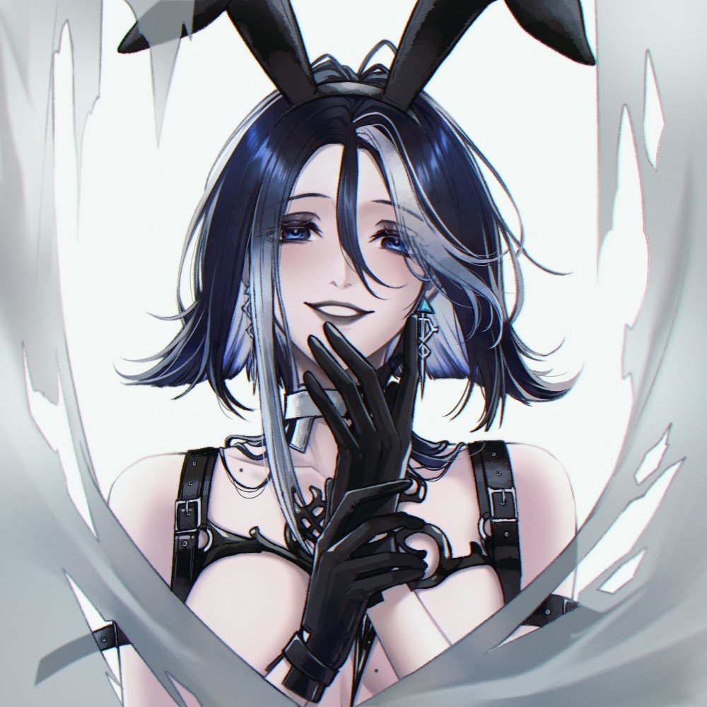 1girl adela_(path_to_nowhere) angon623 animal_ear_hairband animal_ears black_gloves black_hairband black_lips blue_eyes blue_hair blunt_ends breasts breasts_apart chest_harness collarbone colored_inner_hair curtains detached_collar earrings fake_animal_ears forehead gloves hair_between_eyes hairband harness holding holding_scissors jewelry linea_alba looking_at_viewer mole mole_on_breast mole_on_collarbone multicolored_hair own_hands_together parted_lips path_to_nowhere rabbit_ear_hairband rabbit_ears scissors short_hair simple_background smile solo straight-on streaked_hair torn_curtains upper_body white_background