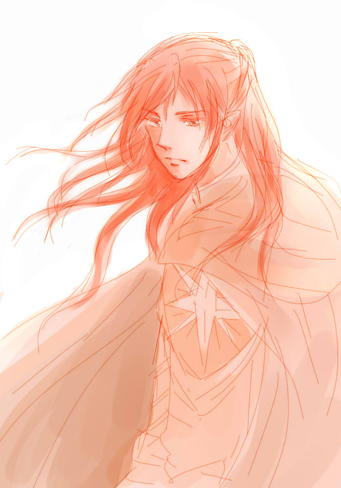 1boy cape closed_mouth elf long_hair looking_down maedhros male_focus mintkim pointy_ears prince red_hair simple_background solo the_silmarillion tolkien&#039;s_legendarium white_background