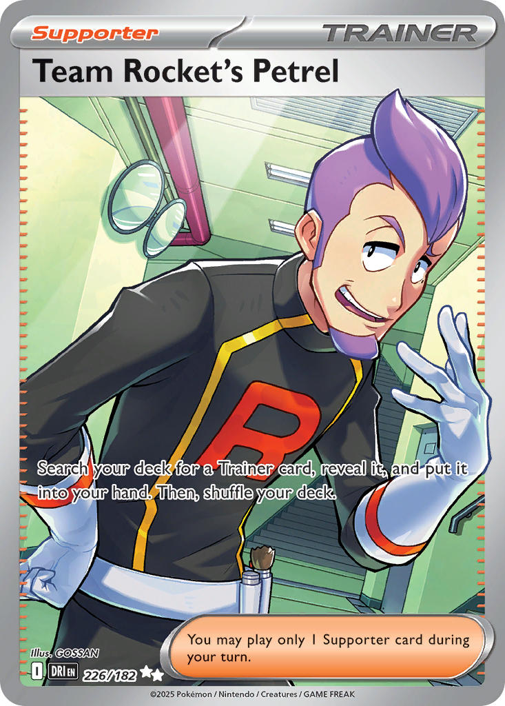 1boy artist_name belt black_shirt card_(medium) character_name company_name copyright_name copyright_notice elbow_gloves english_text facial_hair gloves gossan grey_belt grey_gloves indoors long_sleeves male_focus nintendo official_art open_mouth petrel_(pokemon) pokemon pokemon_card pokemon_hgss pokemon_tcg purple_hair shirt short_hair smile stairs team_rocket team_rocket_uniform teeth third-party_source trading_card upper_teeth_only