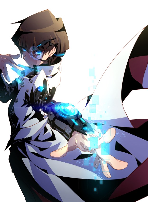 1boy arm_strap black_pants black_shirt blue_eyes blue_light brown_hair card coat digital_dissolve duel_disk eeta facing_to_the_side hand_up holding holding_card holographic_interface jacket kaiba_seto leaning_back looking_to_the_side male_focus metal_arm_cuffs open_clothes open_hand open_jacket outstretched_arm pants popped_collar shirt technology techwear trench_coat white_jacket wind yu-gi-oh! yu-gi-oh!_the_dark_side_of_dimensions